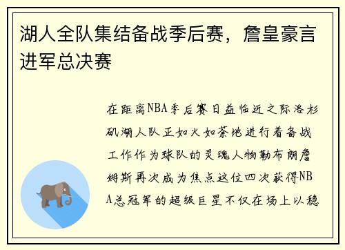 湖人全队集结备战季后赛，詹皇豪言进军总决赛