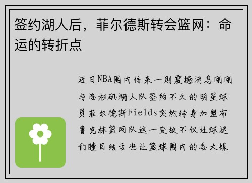 签约湖人后，菲尔德斯转会篮网：命运的转折点